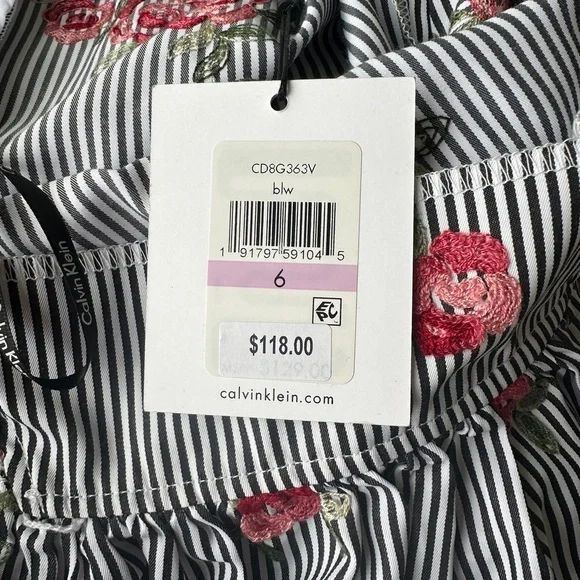 NWT Calvin Klein Striped Floral Embroidery Tie Waist Knee Length Dress Size 6 - Picture 4 of 11